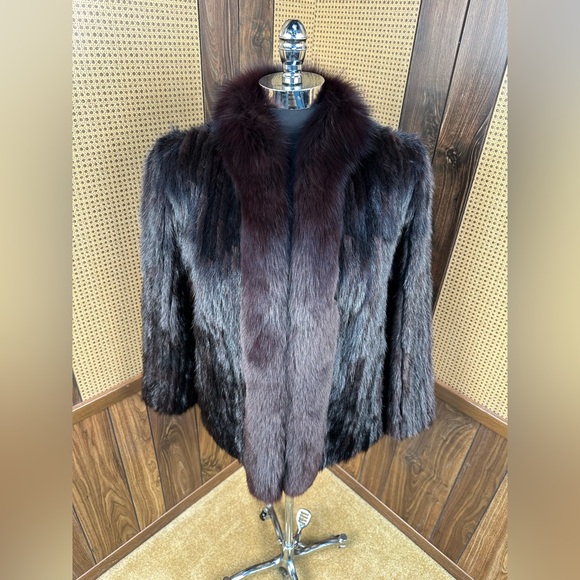 BEAUTIFUL VINTAGE DARK BROWN CORDED CORDUROY MINK & FOX COLLAR FUR COAT JACKET M - Picture 2 of 10